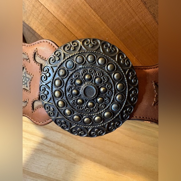 Corral Genuine Leather Western Belt Fixed Buckle Horseshoe Star Wide Brown - Picture 3 of 9